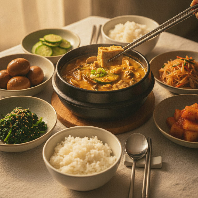 저녁 골든라이트 아래 차려진 가족 한상 — 된장찌개와 반찬